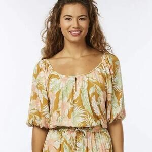 Rip Curl XL Always Summer Gold Floral Tropical Bubble Hem Top Crinkle Gauzy NEW